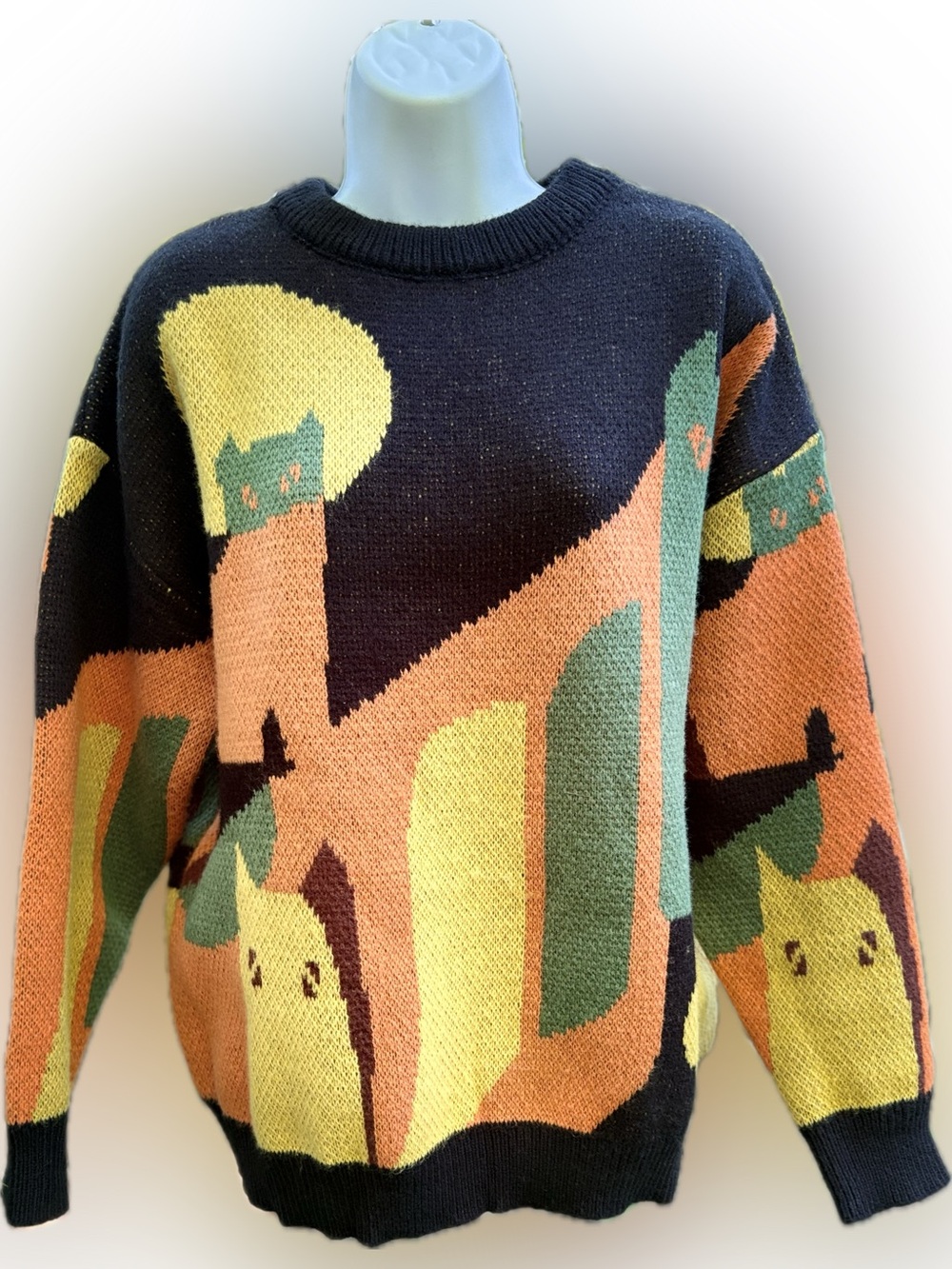 Aelfric Eden Black Crewneck Sweater with Multicolor Cat Motif